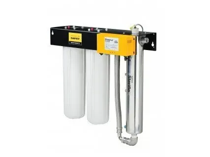 Industrial water filtration unit with two white filter canisters