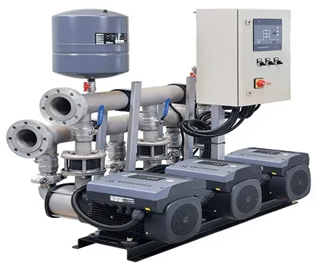 Industrial pump skid with gray piping