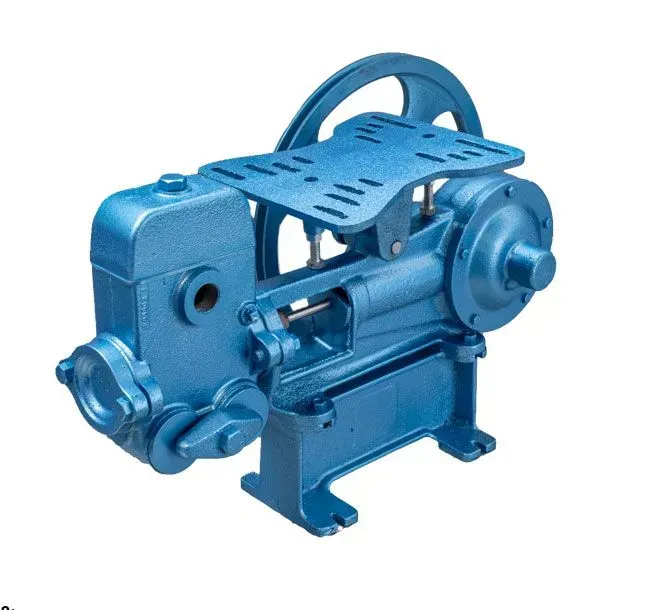 Blue industrial machine with pulley and flywheel