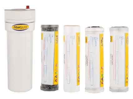Five white cylindrical filter cartridges