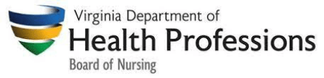Logo for the Virginia Department of Health Professions Board of Nursing featuring a tri-colored shield icon.