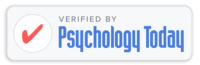 A white rectangular badge with a red checkmark icon next to the blue text