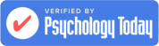 Blue rectangular badge with a red checkmark in a white circle next to the text 