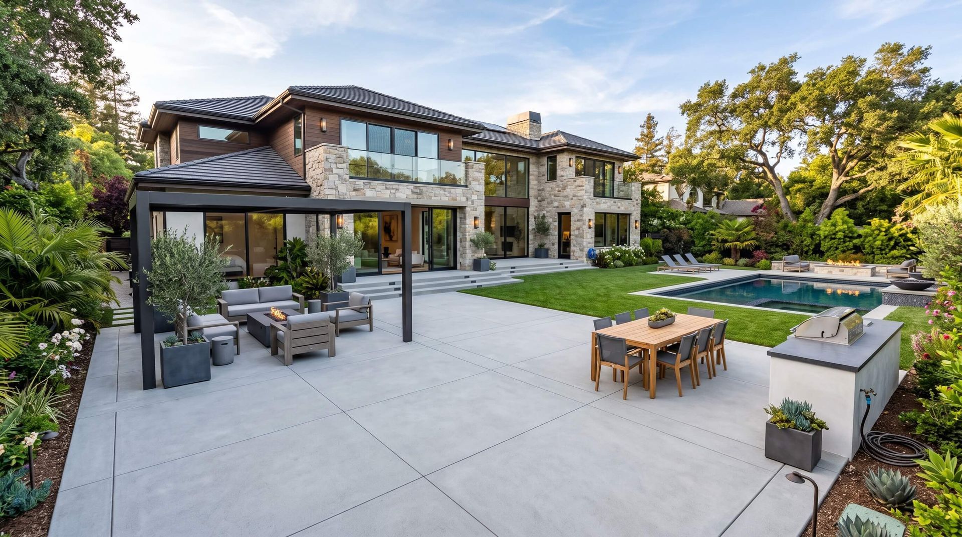 Luxury home with a new concrete patio in the backyard