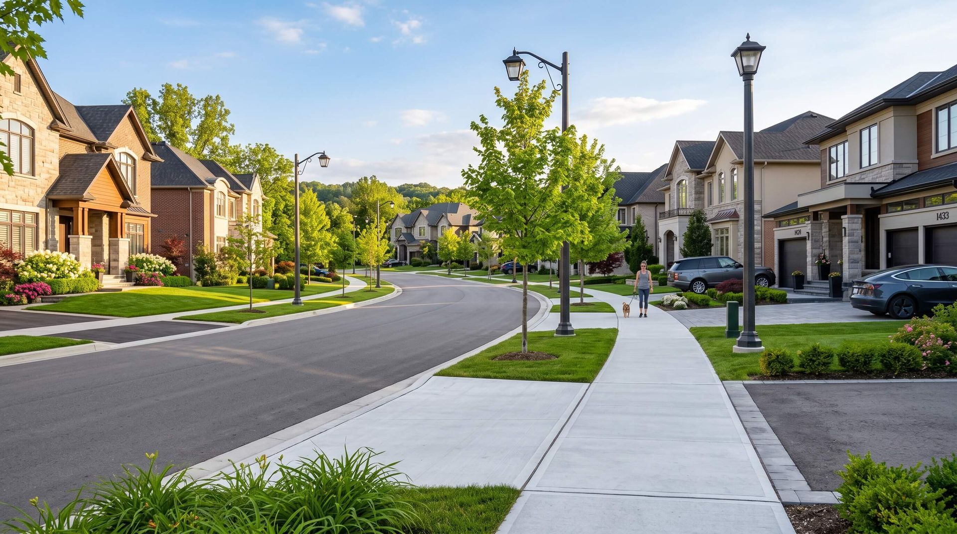 Upscale neighborhood with a new sidewalk