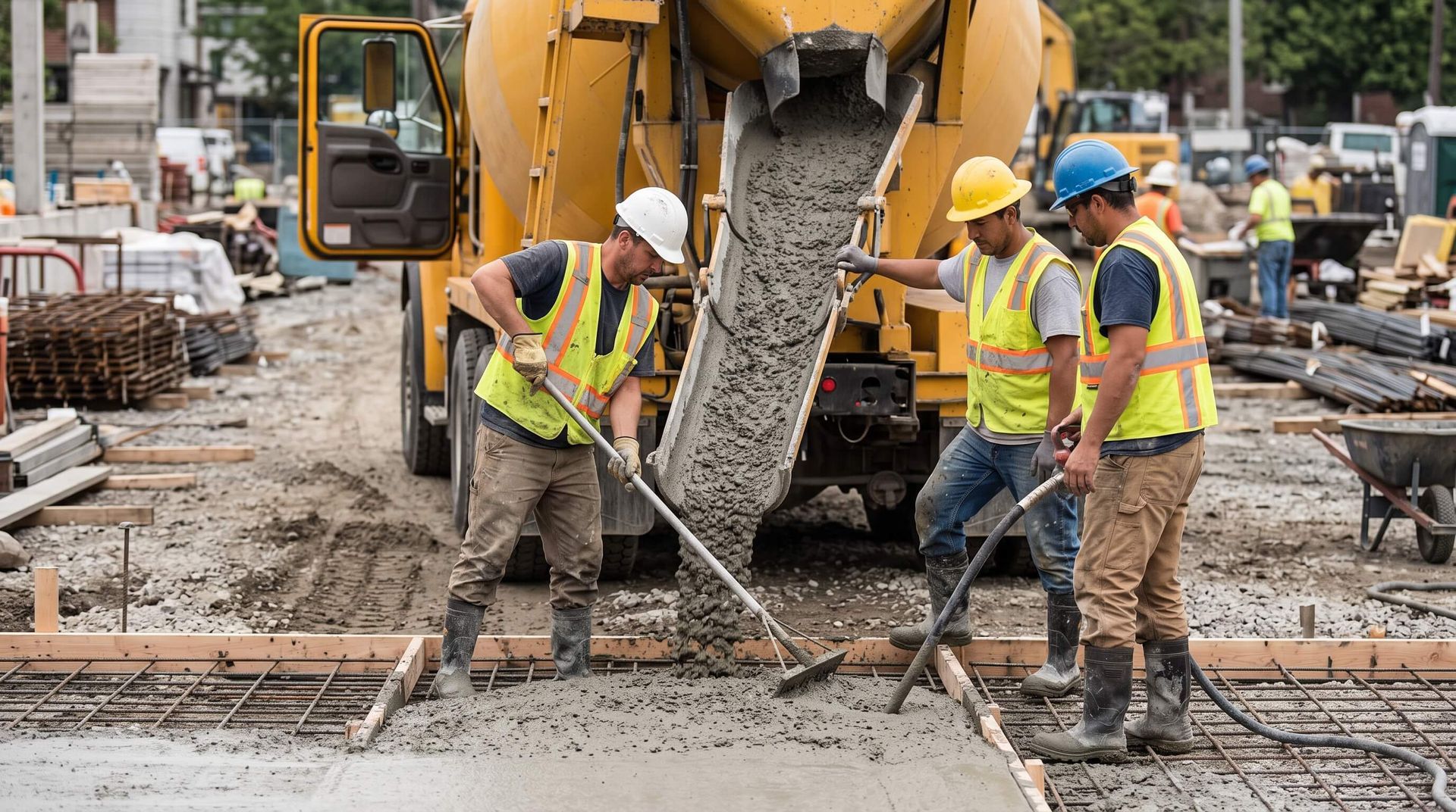 Construction workers pouring fresh concrete