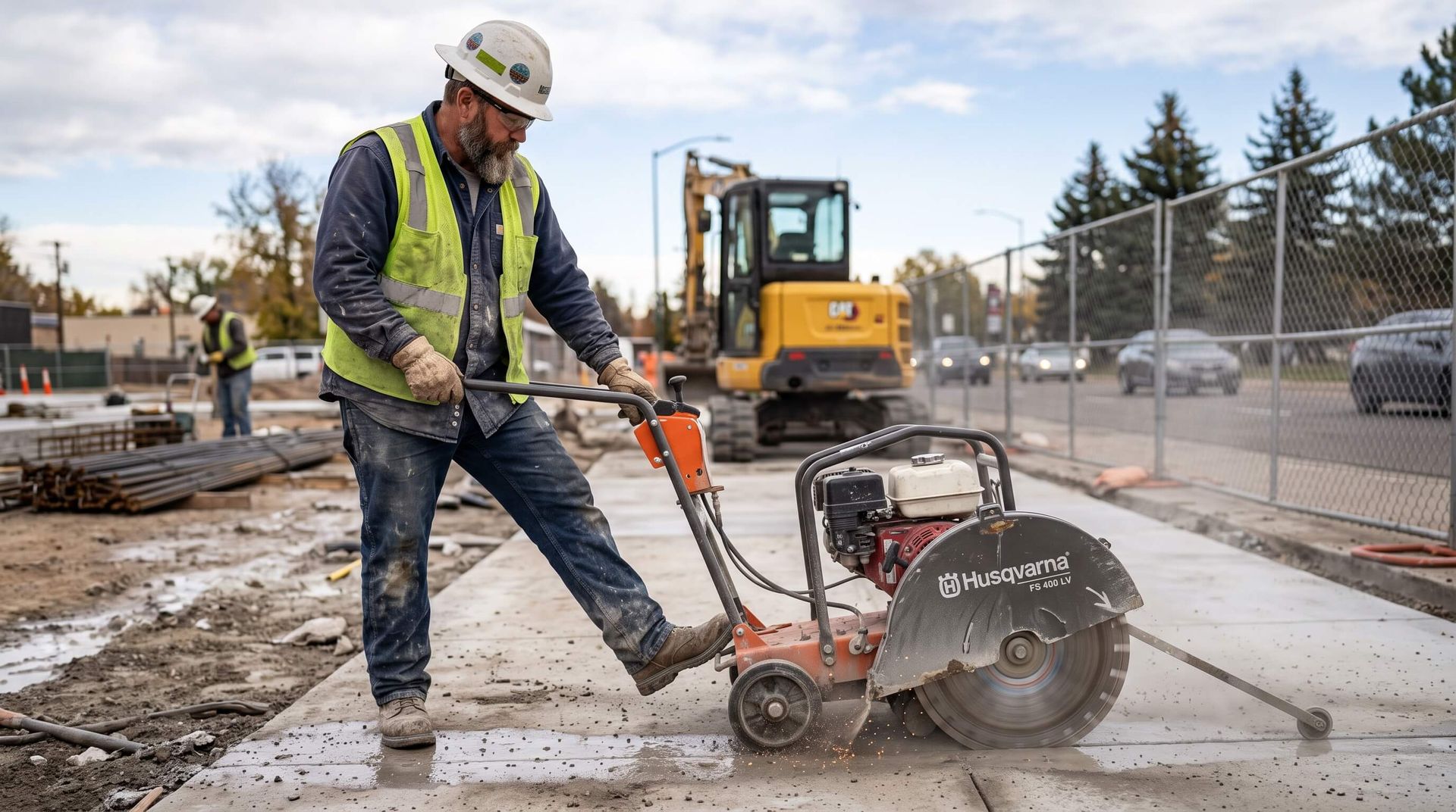 Construction worker cutting concrete with heavy-duty equipment