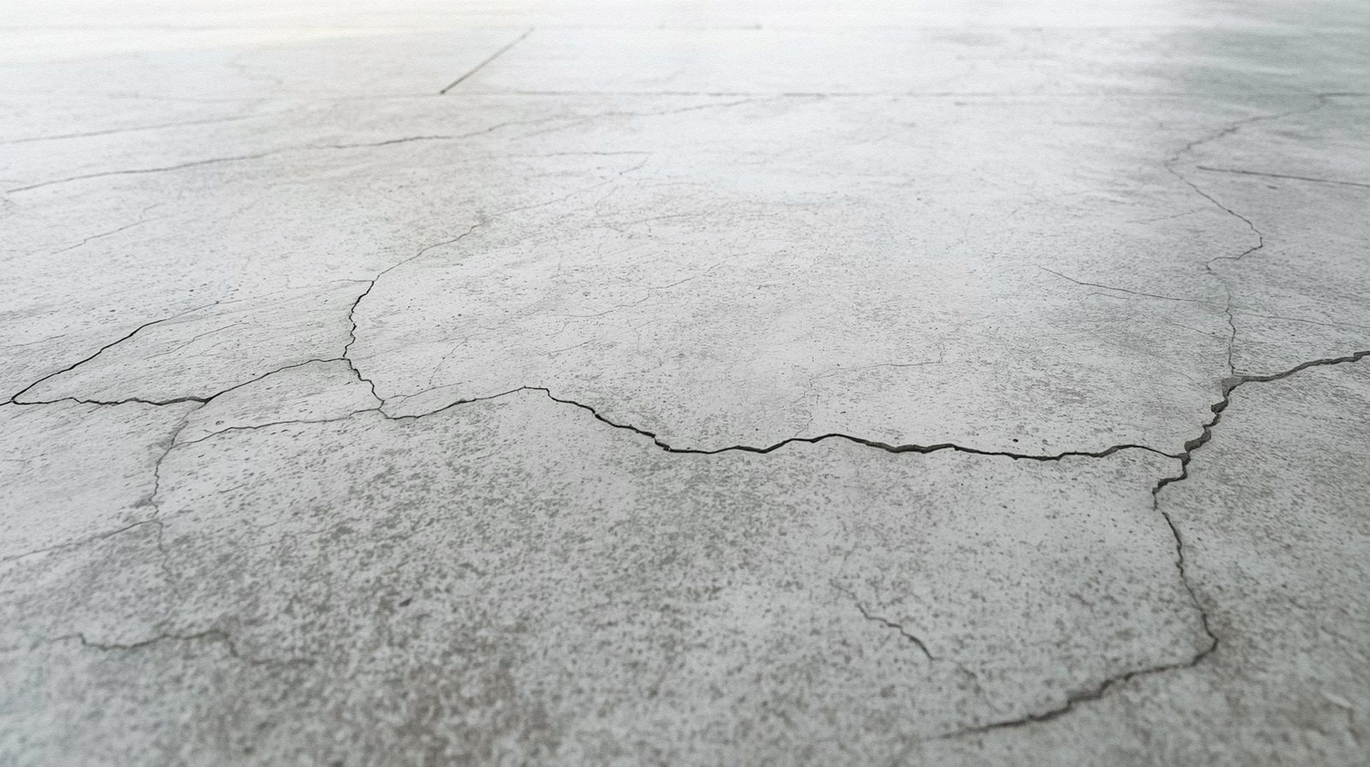 Cracked gray concrete pavement with visible fractures across the surface