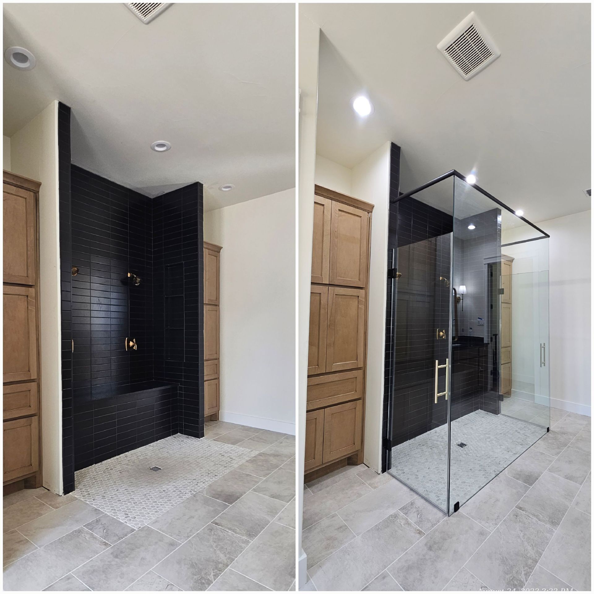 A before-and-after view of a shower remodel. The original black-tiled shower is replaced with a glass-enclosed one.
