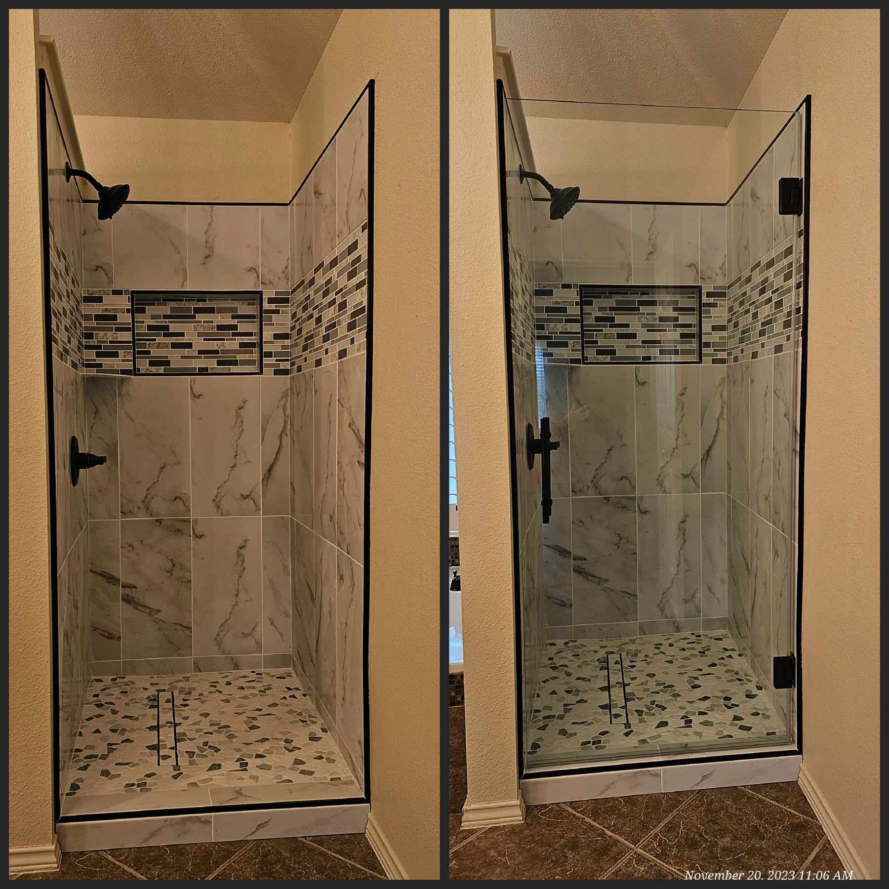 Two side-by-side shower stalls: left with tile walls, right with a glass door. Both have a built-in shelf and black fixtures.