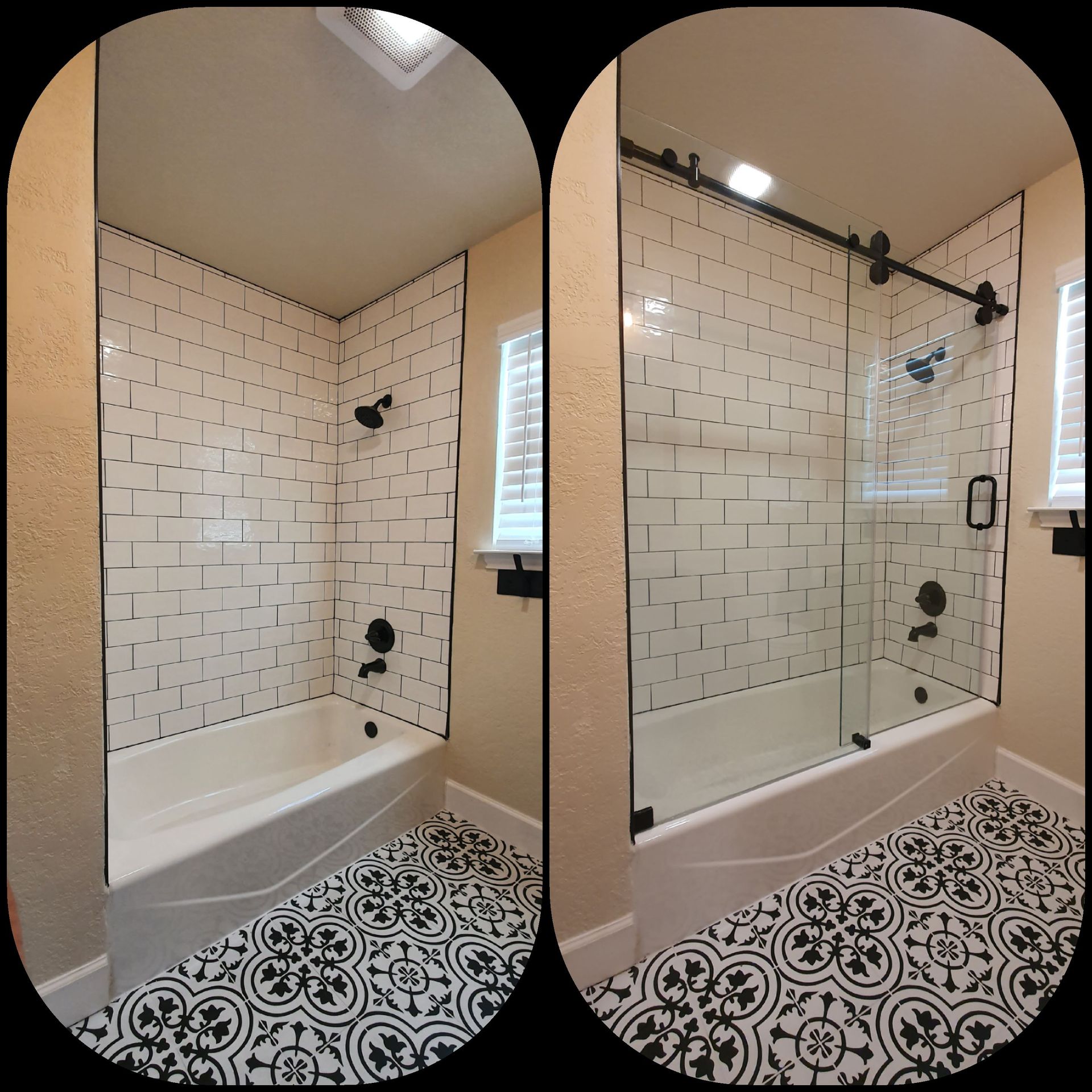 Bathroom remodel with subway tile, black hardware, sliding glass shower door and patterned floor tile.
