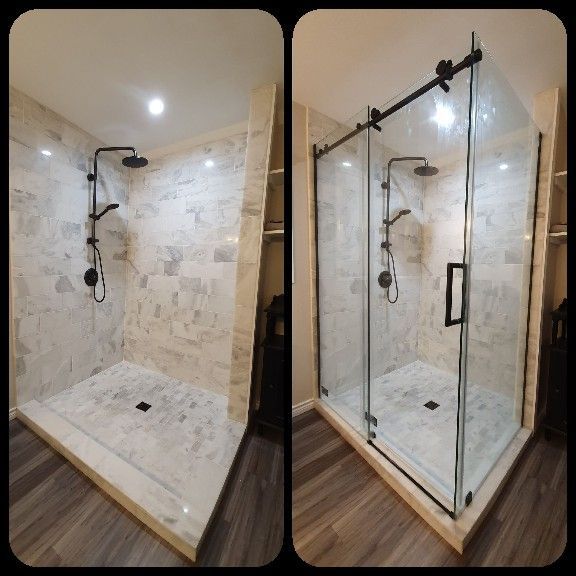 Two shower photos: before and after glass door installation. Tile walls, dark fixtures, and a raised shower base.