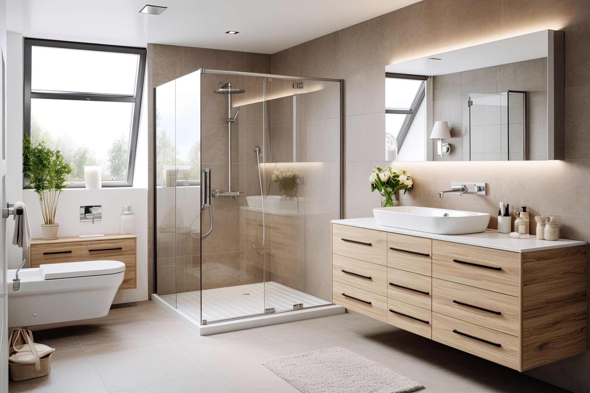 Modern bathroom with a glass shower, wooden vanity, and large mirror.