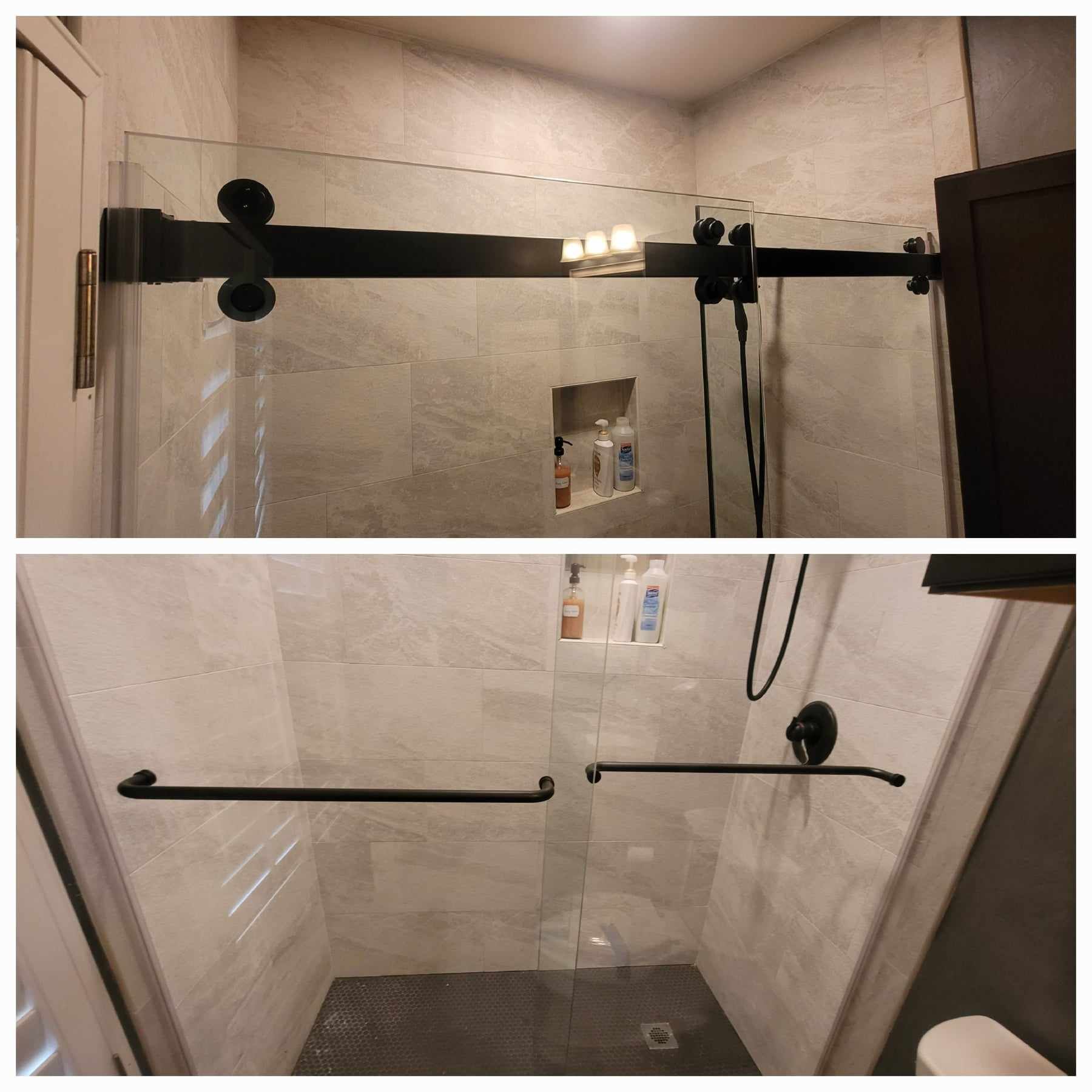 Shower with sliding glass door and black hardware. Gray tile walls and built-in shelf.