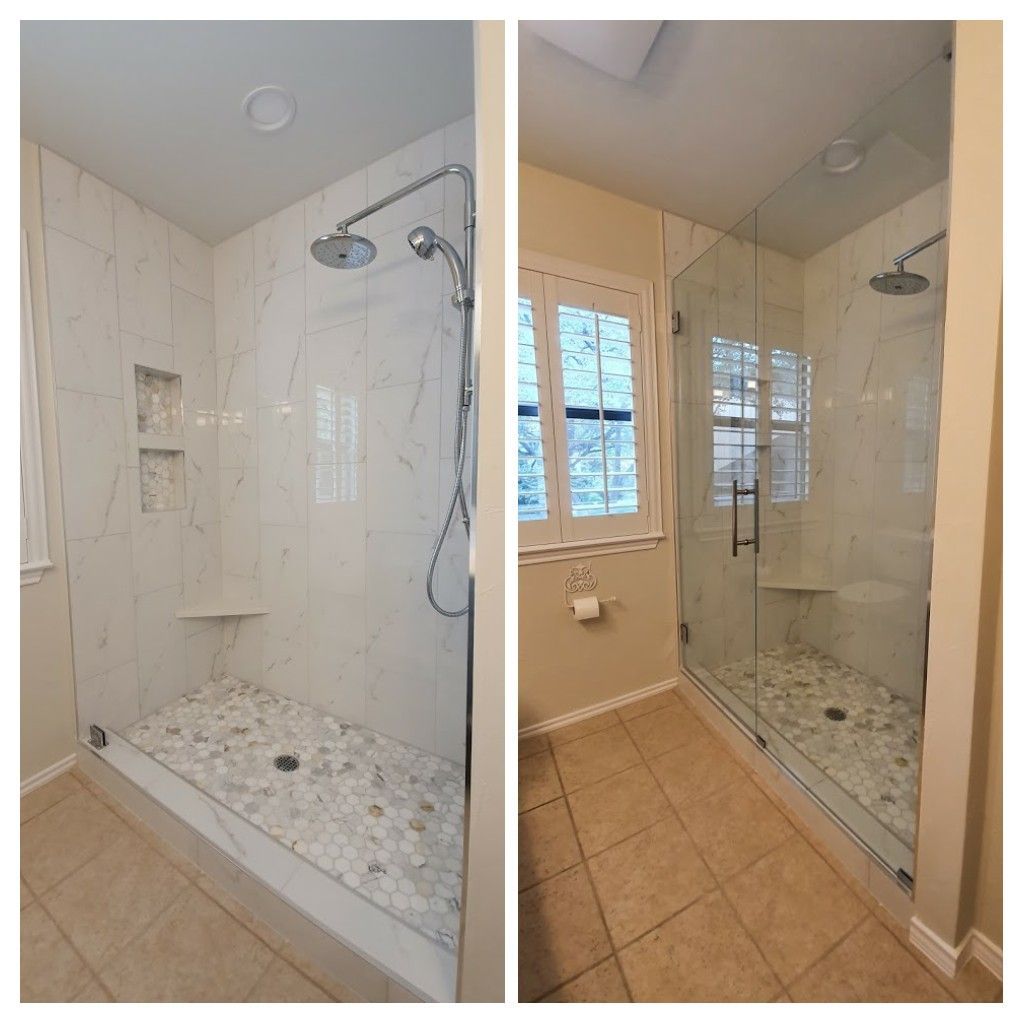Two bathroom shower renovations: one with marble tile and one with glass enclosure.