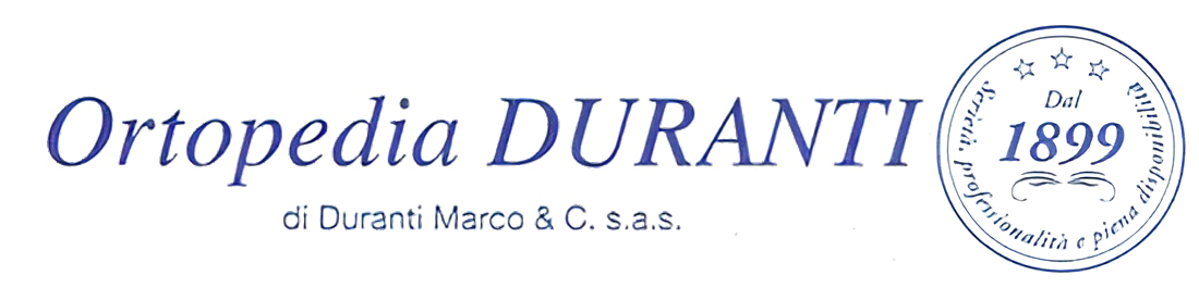Logo Ortopedia DURANTI in blu corsivo con emblema circolare “1899” su sfondo bianco