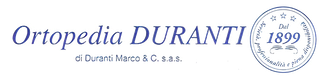 Logo Ortopedia DURANTI in blu corsivo con emblema circolare “1899” su sfondo bianco