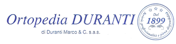 Logo Ortopedia DURANTI in blu corsivo con emblema circolare “1899” su sfondo bianco