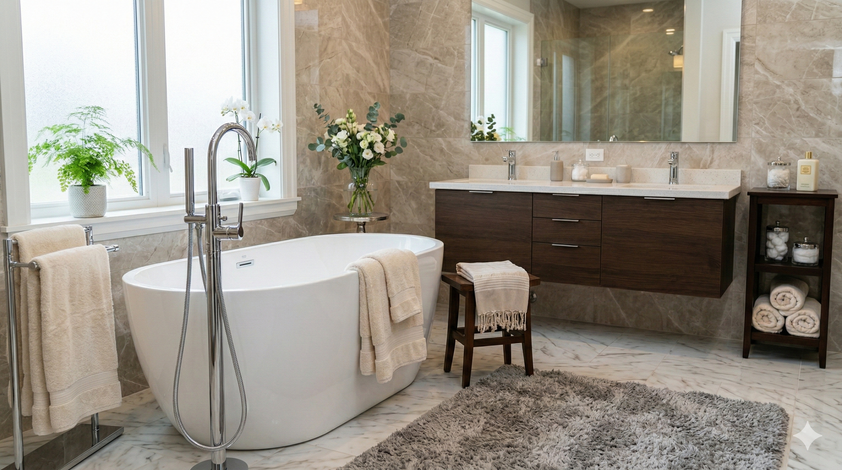 Luxurious bathroom with freestanding tub, dark wood vanity, stone walls, window, and rug.