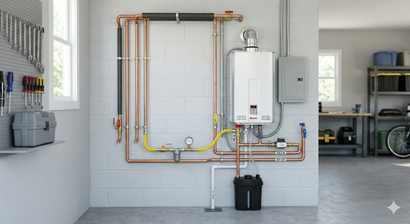 Garage setup with tankless water heater, pipes, and tools on a wall.