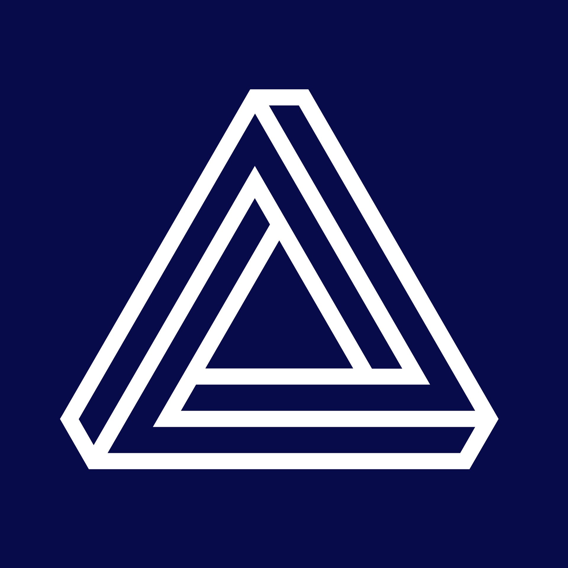 Logo for Performance Plus Business Solutions.  Figure of a white Penrose Triangle on a blue background.  