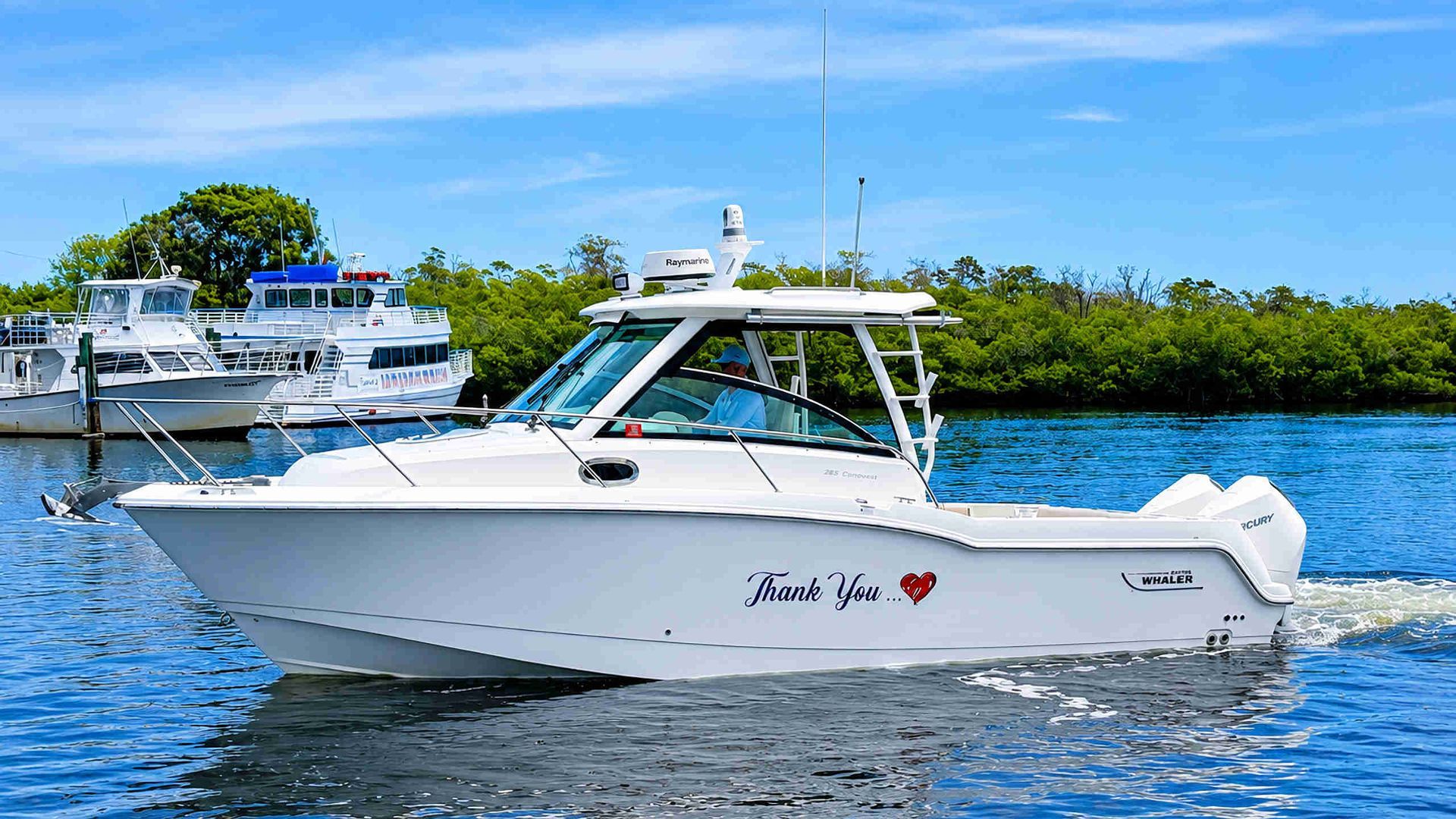 White powerboat on blue water with green shoreline and another boat in the background