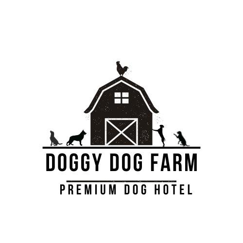 Logo: Black barn with rooster, dogs, and person playing.