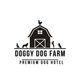 Logo: Black barn with rooster, dogs, and person playing. 