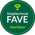 A green sticker that says neighborhood fave nextdoor