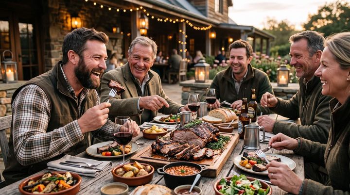Group of hunters enjoying dinner at a hunting lodge
