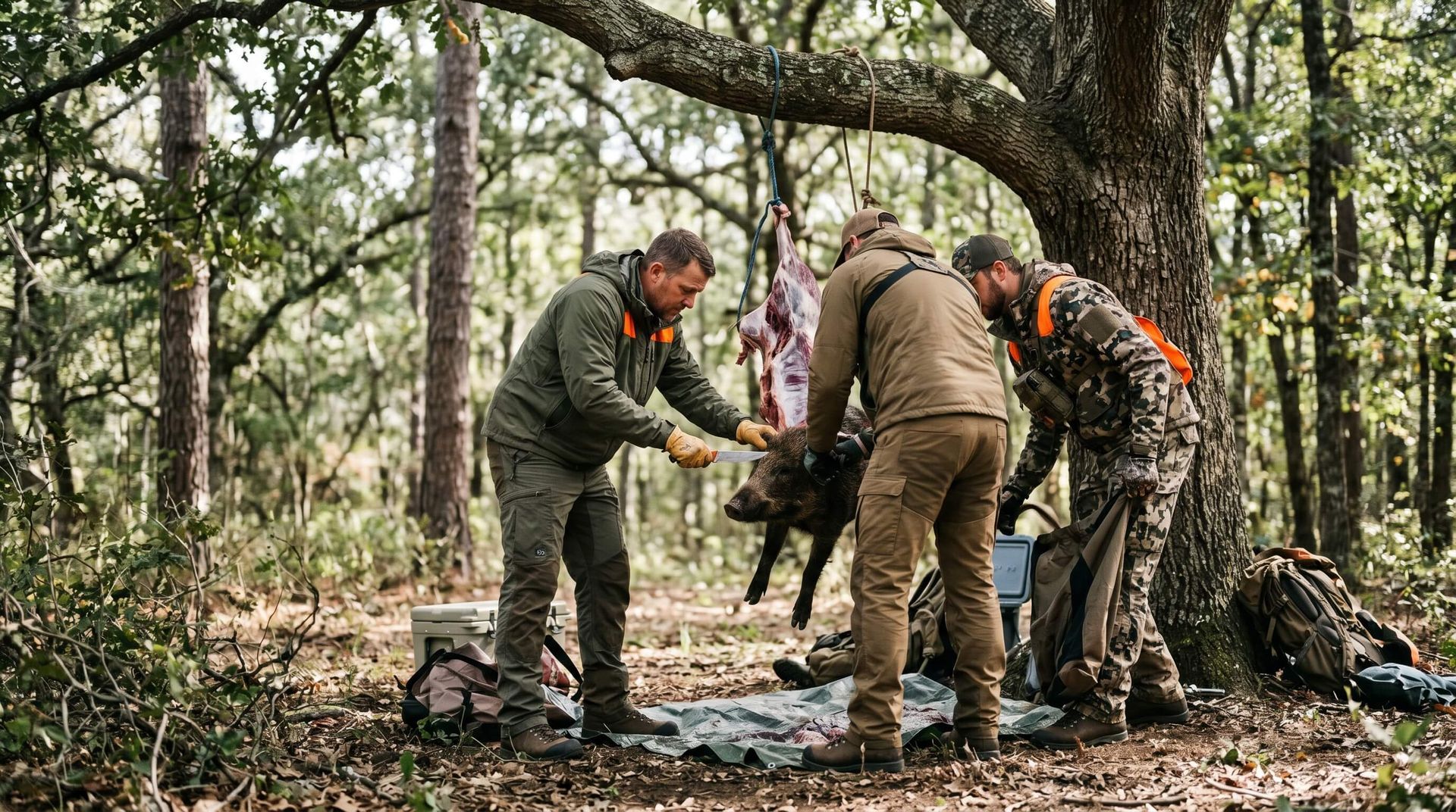 A group of men cutting a dead hog