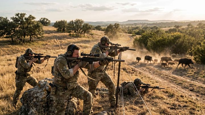 Group of hunters aiming guns at hogs