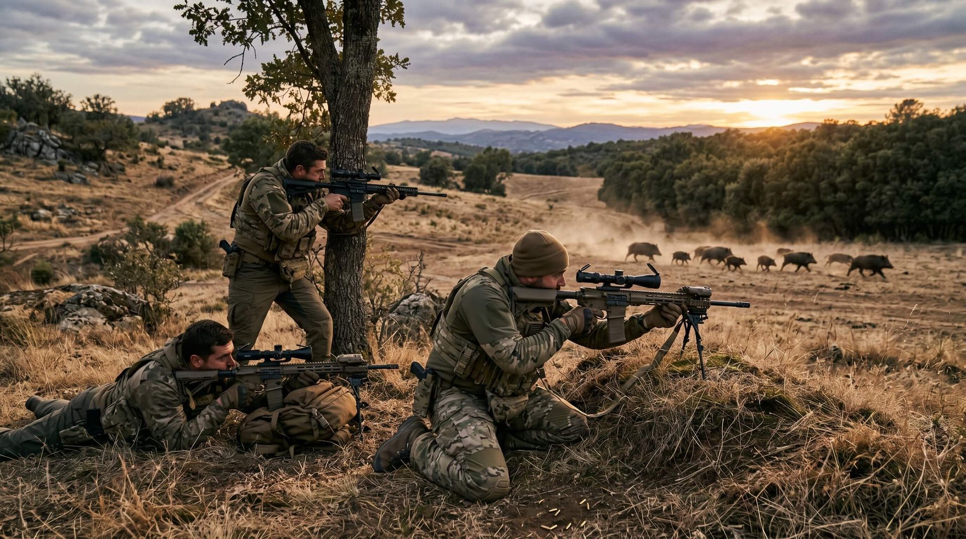 Group of men shooting at hogs