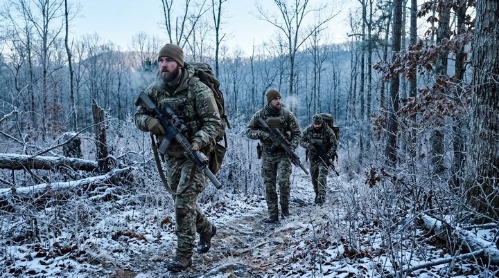 Group of hunters hunting in the winter