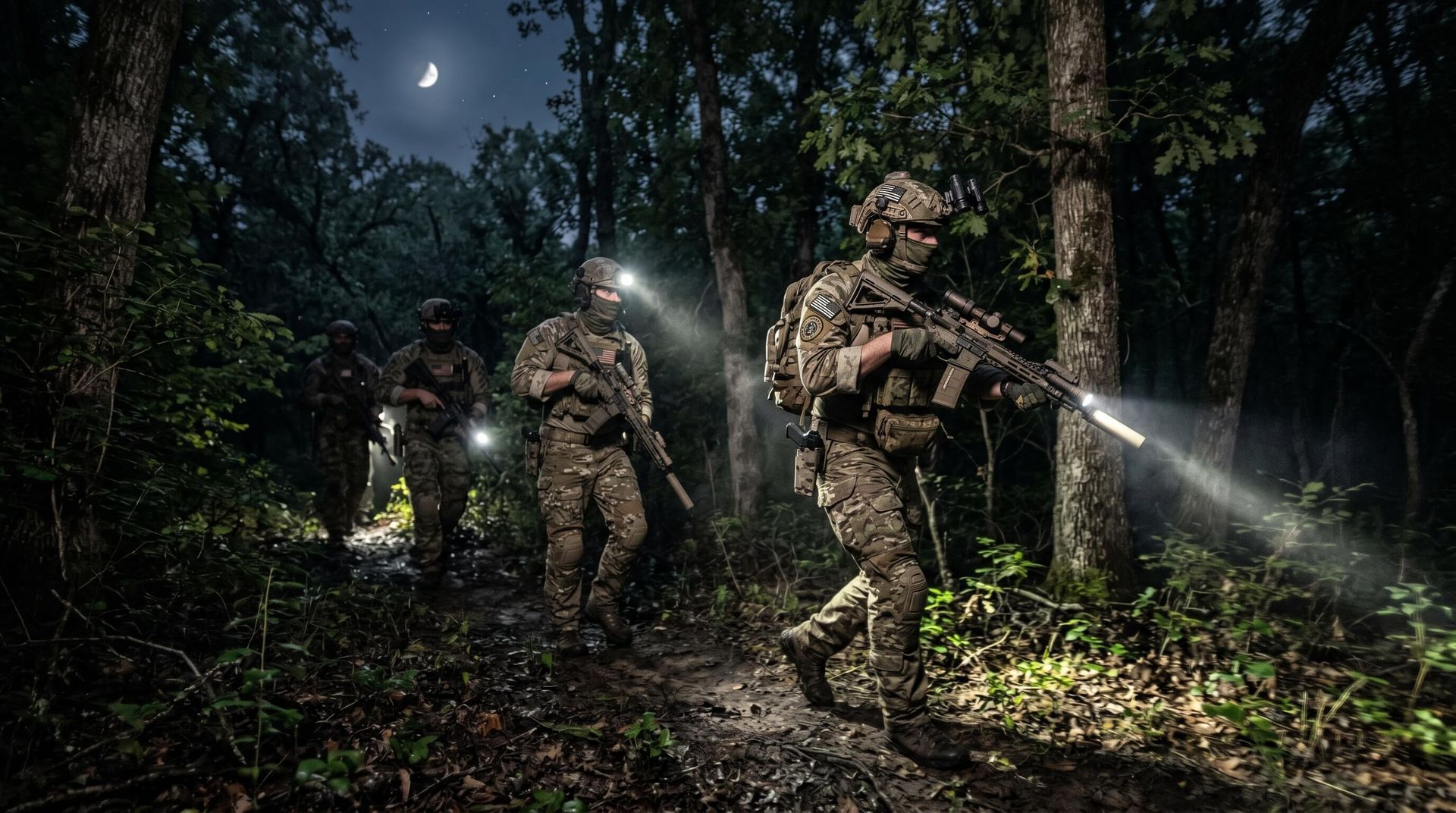 Group of hunters tactically hunting at as night falls