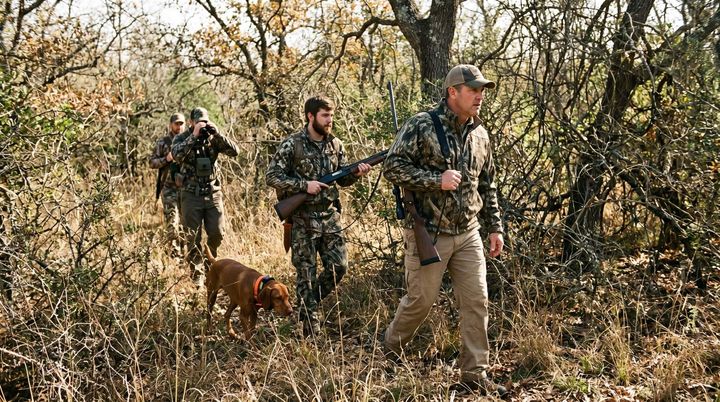 Group of hunters hunting in the day time accompanied by a dog