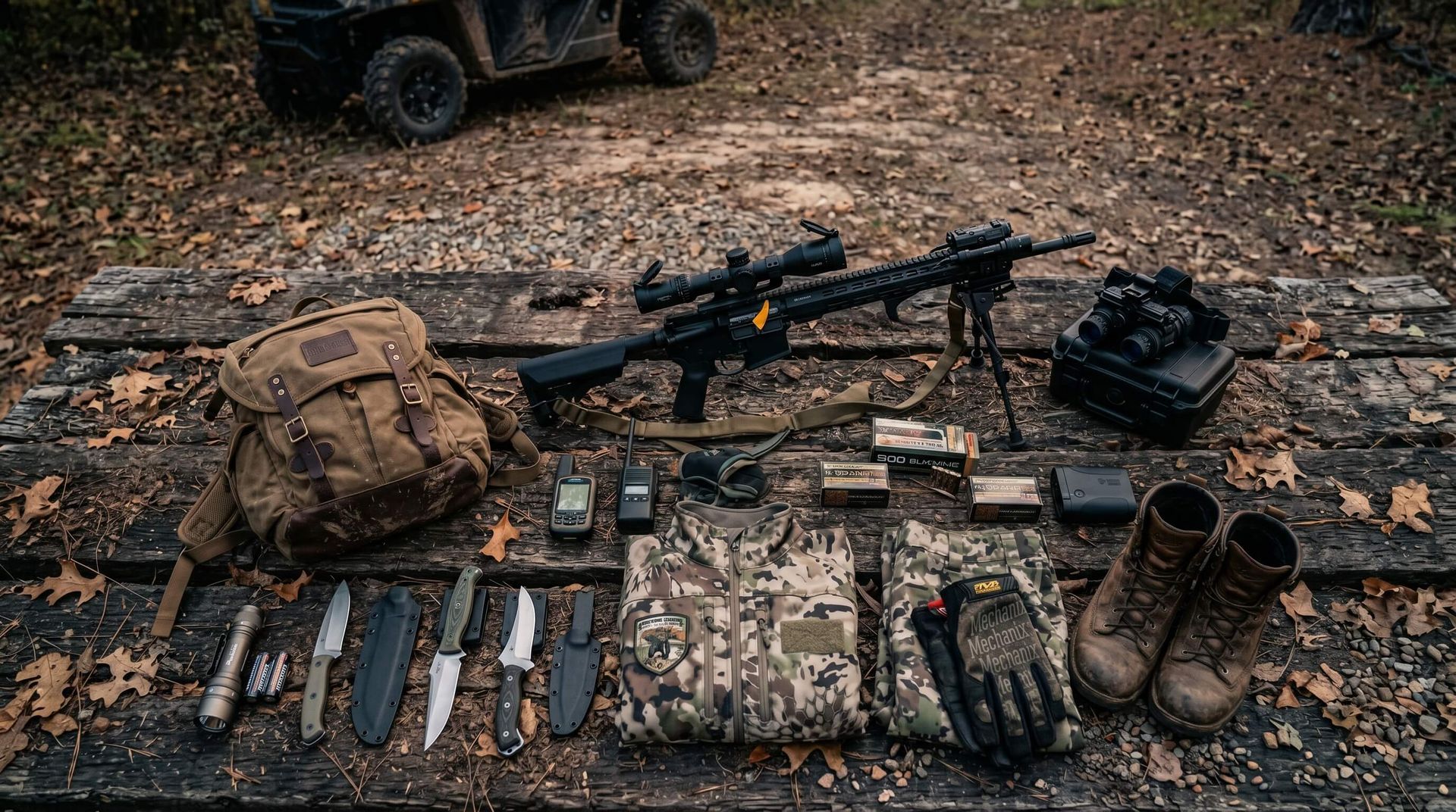 Weapons and gear laid out on the ground for hog hunting