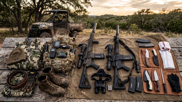 Assortment of weapons and gear laid out on a table outfoors