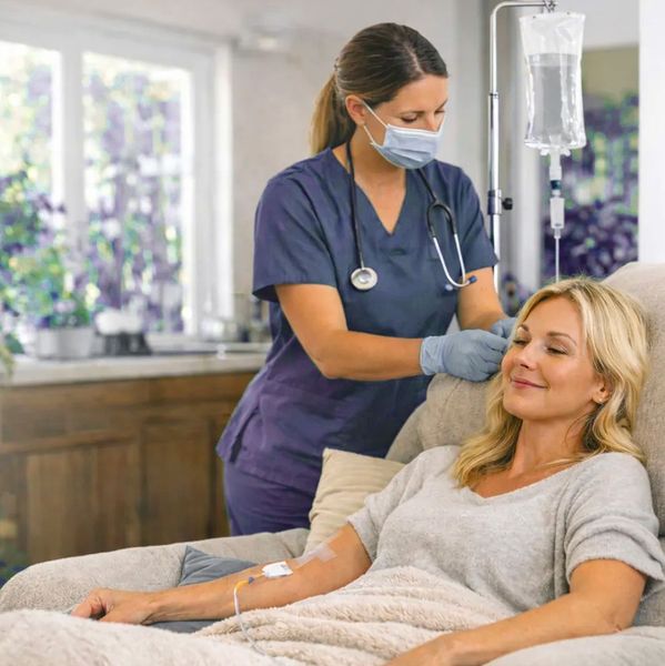 Nurse administers IV drip to a person in a comfortable chair. The setting is indoors, with a window visible.
