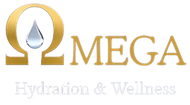 Gold Omega symbol with water drop; "MEGA Hydration & Wellness" text below.