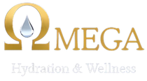 Gold Omega symbol with water drop; "MEGA Hydration & Wellness" text below.