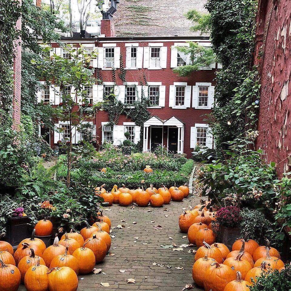 Grove Court decorated with pumpkins in Greenwich Village