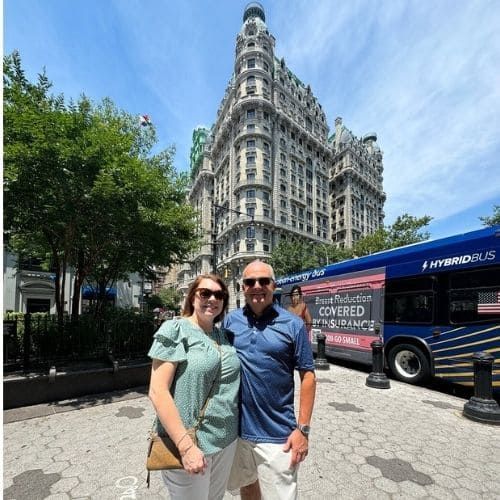 Two guests standing in front of The Ansonia, Upper West Side