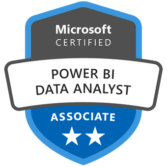 Um selo de associado de analista de dados Power Bi certificado pela Microsoft