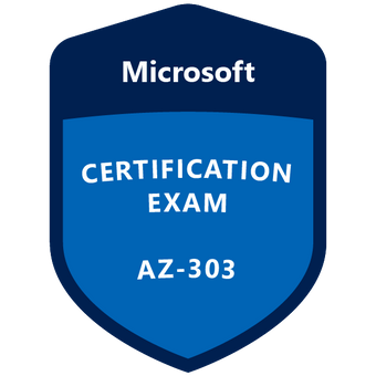 Um selo azul do exame de certificação Microsoft az-303