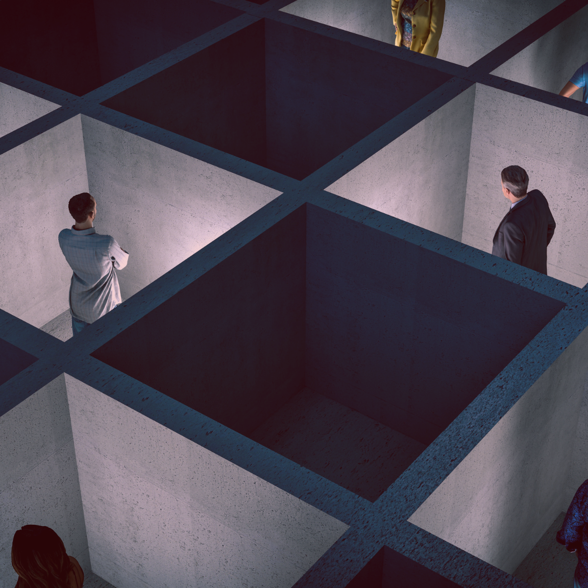 People standing in a geometric maze of white walls with dark blue edges and open square pits.