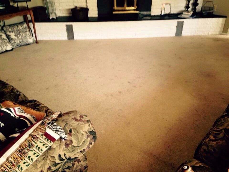 A living room with a fireplace and a couch