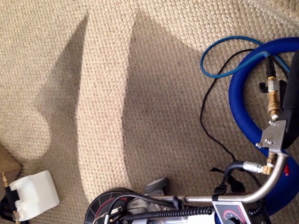 A vacuum cleaner is sitting on a carpet with a hose attached to it