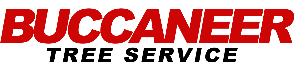 A red and black logo for Buccaneer Tree Service
