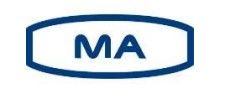 O logotipo da ma é um oval azul e branco em um fundo branco.